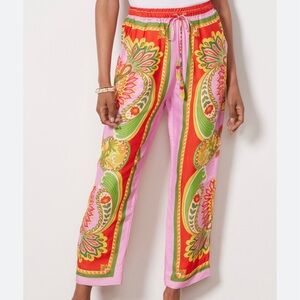 Farm Rio Pink Beach Toucans Scarf Multi Color Cropped Silky Pants XS X-small